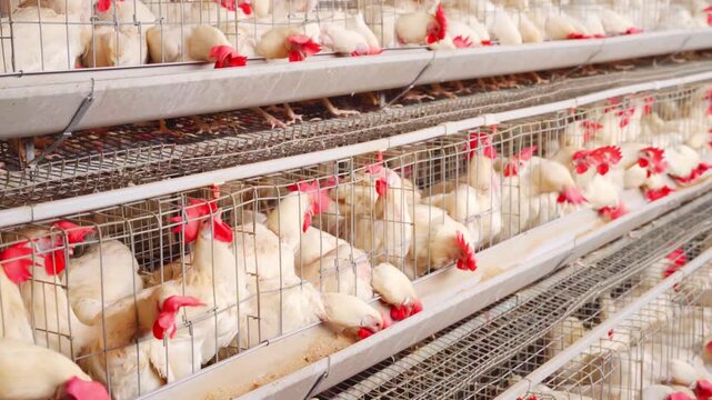 modern indoor industrial poultry farm, featuring close-up details of white broiler chickens