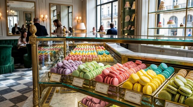 Colorful macarons displayed in a glass case at elegant french patisserie or bakery in paris.
