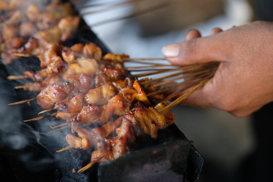 Sate Ambal is a chicken satay typical of the Kebumen area of Central Java. This satay is made from chicken meat seasoned with spices. Sate is cooked by grilling on a charcoal grill. Indonesian food.