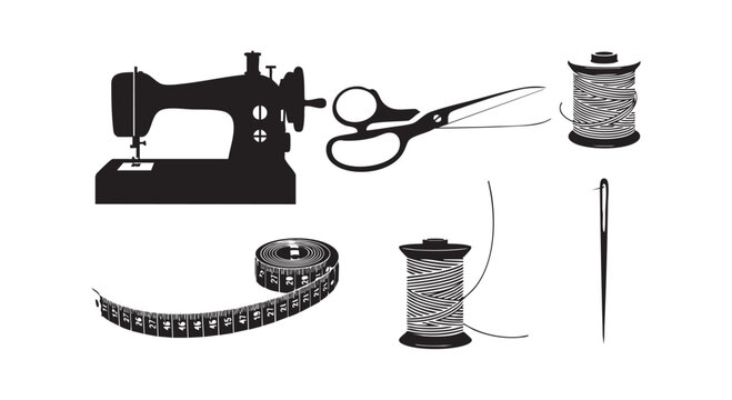 Sewing equipment and tailoring tools set featuring a sewing machine, scissors, thread spools, and measuring tape.