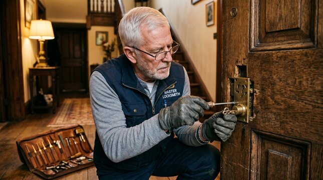 Experienced locksmith with tools repairing an old wooden door lock mechanism in a hallway
