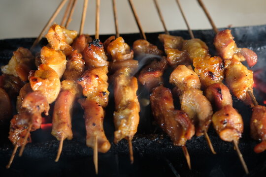 Sate Ambal is a chicken satay typical of the Kebumen area of Central Java. This satay is made from chicken meat seasoned with spices. Sate is cooked by grilling on a charcoal grill. Indonesian food.