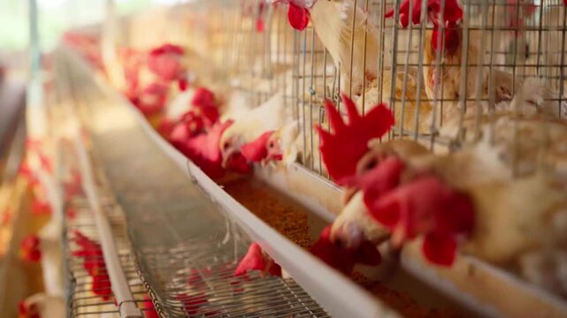 modern indoor industrial poultry farm, featuring close-up details of white broiler chickens