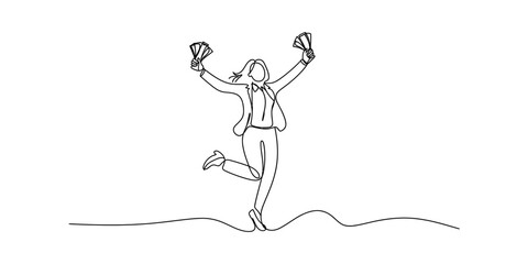 Fototapeta premium Businesswoman jumping with money in hands, celebrating success, continuous line drawing