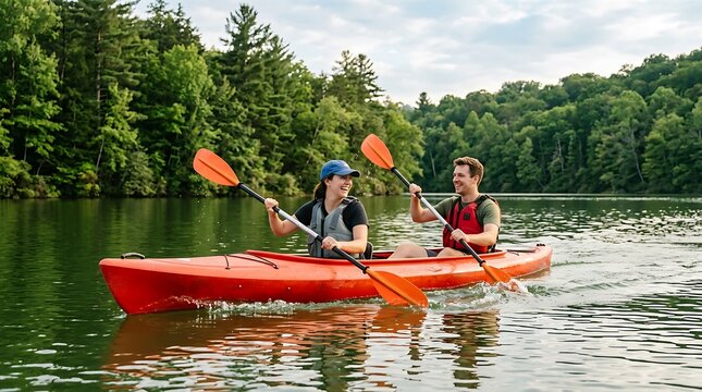 Couple enjoying a kayaking trip on a serene lake surrounded by lush green trees during a sunny day, showcasing a perfect outdoor adventure