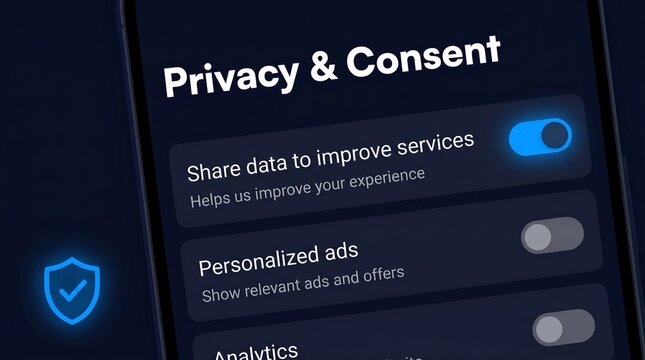 Digital interface showing privacy and consent settings on a smartphone screen with toggles for data sharing and personalized ads