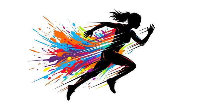 Silhouette of a female runner sprinting with a colorful abstract paint splash effect isolated on transparent background