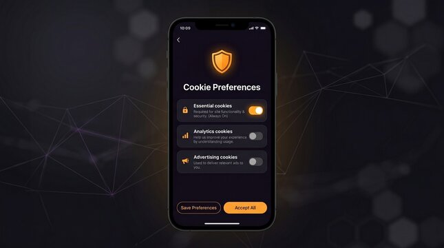 Mobile app cookie preferences screen with essential analytics and advertising cookie toggles and accept all button