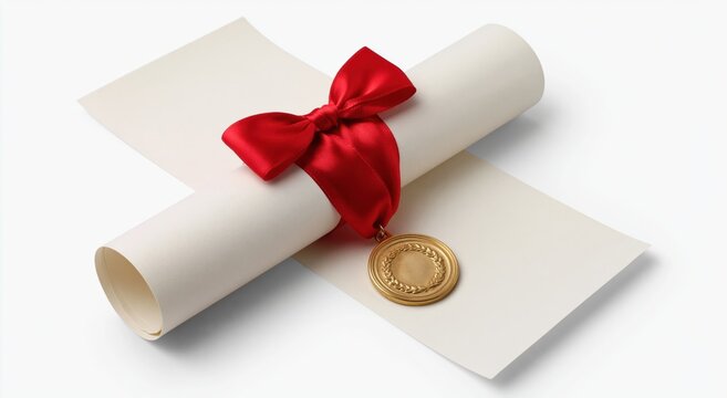 Diploma scroll tied with red ribbon and gold seal for graduation education academic degree