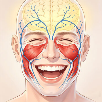 Human face muscle structure with labels, smiling facial anatomy diagram