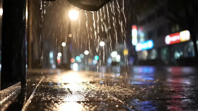 Rainwater Flowing from a Gutter onto Wet Pavement at Night with City Lights Bokeh