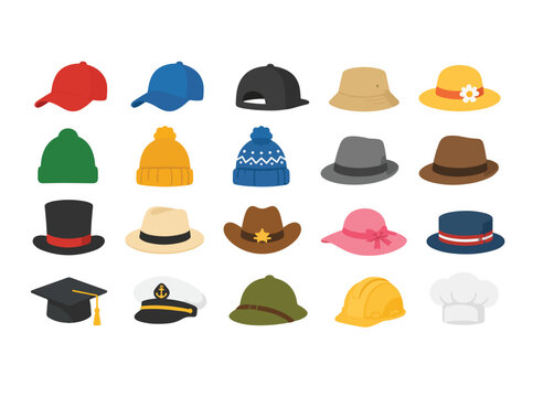 Hat and cap vector illustration set, various types of headwear and professional hats isolated on white background