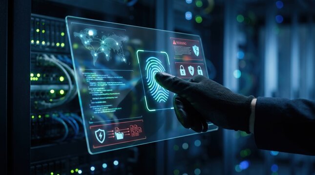 Futuristic holographic fingerprint scanner interface, cyber security concept, hacker accessing server data with biometric authentication