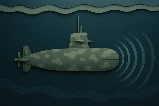 Layered paper art depicts cold war submarine on stealth patrol. cut vessel navigates dark mysterious water. Tension builds as sonar waves echo through deep blue ocean depth