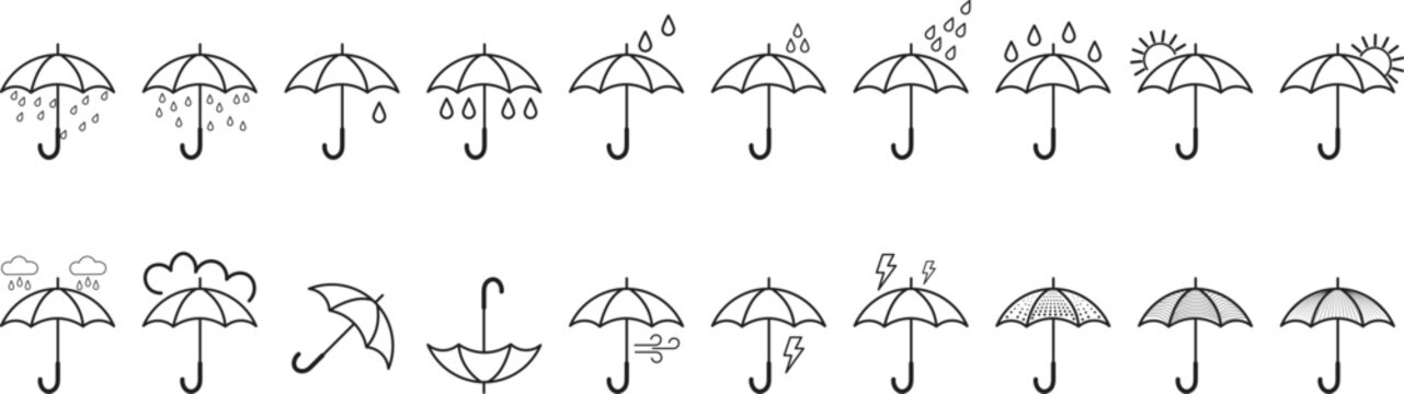 Umbrella and weather line icon set. Climate forecast outline icons with rainy clouds, sun, wind, lightning, and storm protection symbols vector