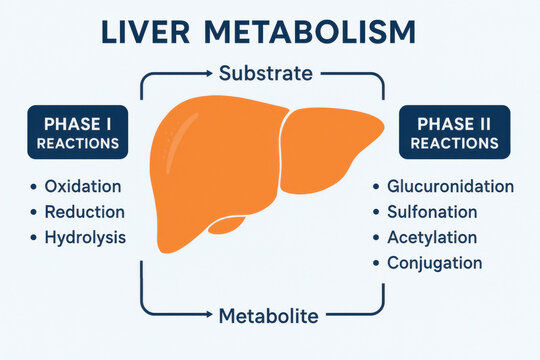 Educational medical diagram of liver metabolism showing phase one and phase two reactions with clean scientific layout featuring blue and orange contrast for clear understanding of metabolic