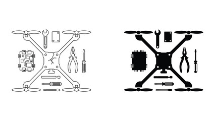Vector drone and quadcopter line art illustration with tools and parts © Freefire