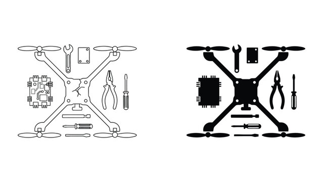 Vector drone and quadcopter line art illustration with tools and parts