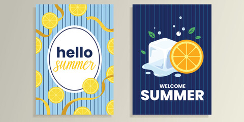 Hello Summer Welcome Summer Cards: Two vibrant greeting cards, one featuring sliced lemons and golden ribbons on a blue striped background, the other showcasing melting ice, orange slice. © Gwith Boss