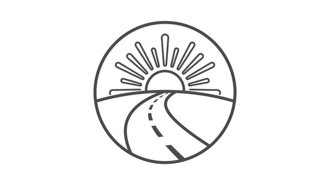 Winding road heading towards rising sun in circle.