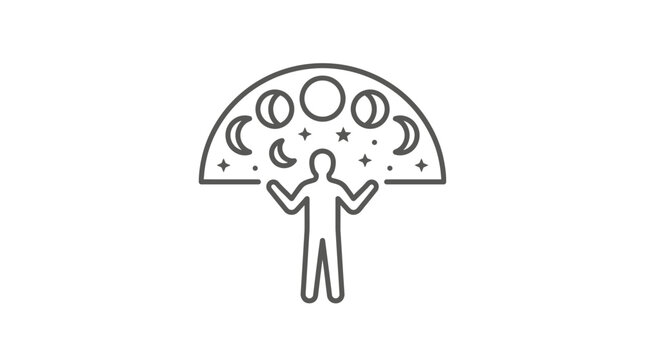 Person standing under lunar cycle phases semi-circle icon.
