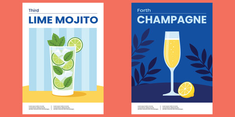 Cocktail Posters: Refreshing Lime Mojito and Elegant Champagne displayed in vibrant, artistic posters, perfect for bar decor or culinary inspiration. © Gwith Boss