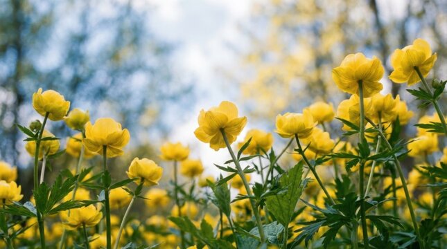 Vibrant field of yellow globeflowers blooming under a bright sky, natures beauty.
