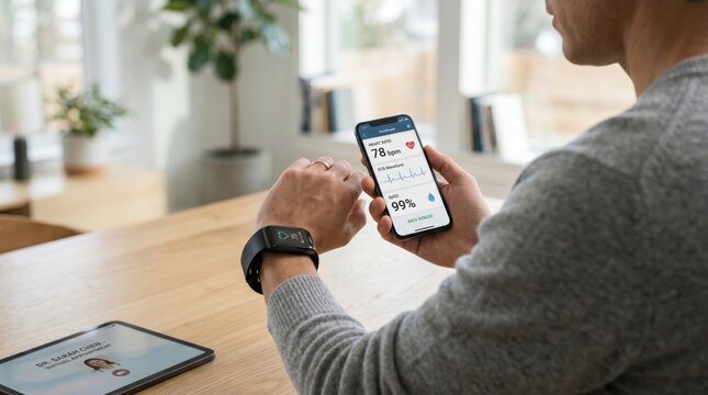 Man checking heart rate and oxygen levels on smartphone app while wearing fitness tracker watch for health monitoring, digital wellness concept at home.
