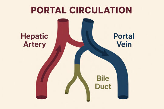 Fascinating and highly informative illustration showing portal circulation system featuring hepatic artery portal vein and bile duct triad with directional blood flow arrow for medical biology