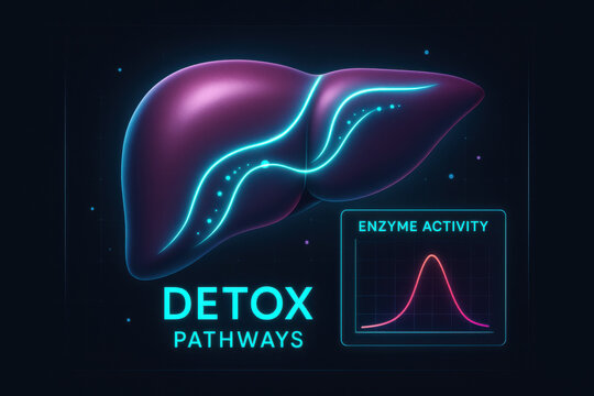 Medical illustration of liver showing glowing detox pathway. This scientific concept includes an enzyme activity graph, representing health, biology, and bodily function