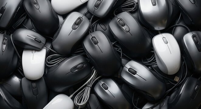 A chaotic collection of wired computer mice in black white and gray tones arranged in a dense overlapping pile creating a textured background of office technology