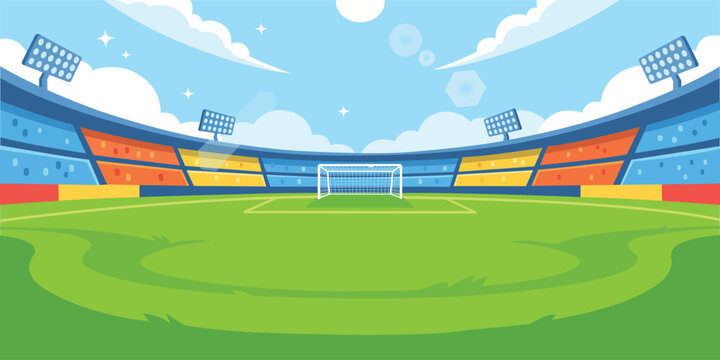 Vibrant Football Stadium: An animated illustration of a grand football stadium with bright green field, goalposts, tiered seating, and stadium lights under a clear blue sky with fluffy clouds.