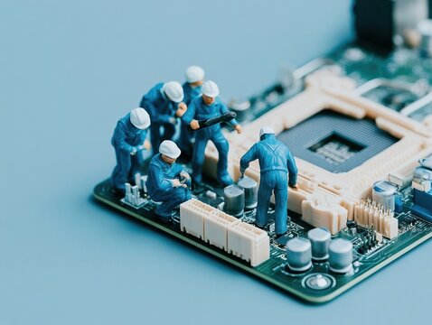 Miniature worker figurines on a computer motherboard performing maintenance for technology innovation, IT support services and hardware infrastructure advertising
