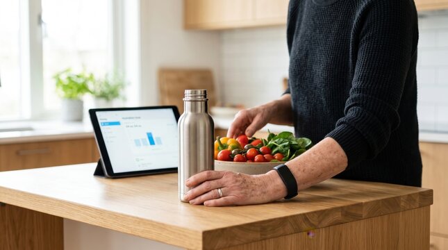 Person preparing healthy salad with vegetables in kitchen, using tablet for nutrition tracking app, stainless steel water bottle, wellness and diet management lifestyle.