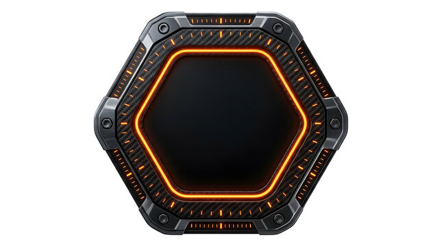 Futuristic hexagonal display panel with glowing orange neon light border and carbon fiber texture isolated on transparent background