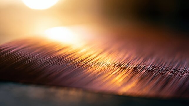 Brushed metal texture with fine parallel grain reflecting warm golden light for luxury product backgrounds, industrial surface design and premium metal material advertising