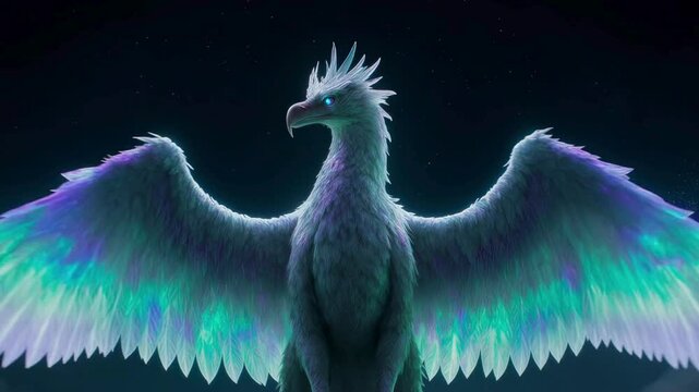 Majestic Aurora Griffin with Glowing Wings Releasing Sparkling Magical Particles in Fantasy Sky