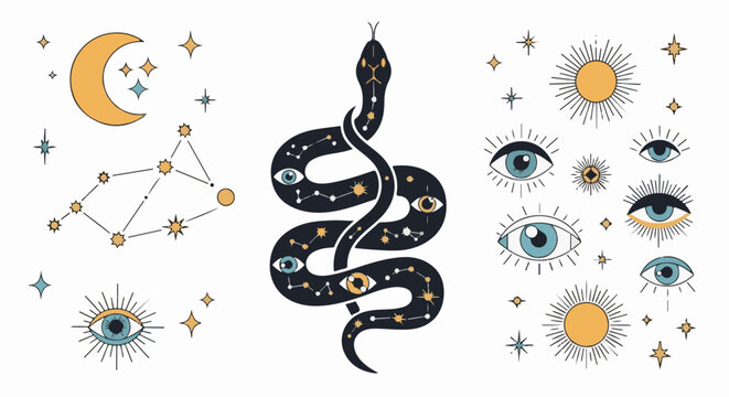 Mystical cosmic snake, celestial bodies, and watchful eyes adorn a white background