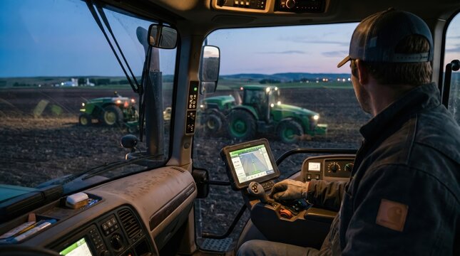 Tractor driver operating heavy machinery at night with GPS screen, modern agricultural fleet working during harvest season
