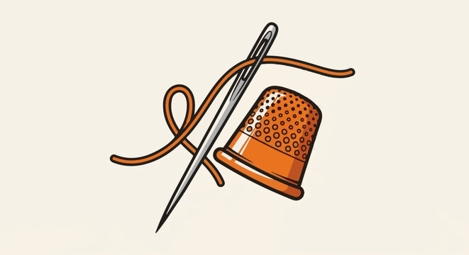 Needle and orange thimble with thread, sewing supplies illustration