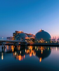 Obraz premium Large spherical industrial storage tanks at a coastal terminal reflect in calm water for energy sector reports, natural gas distribution and heavy industry advertising