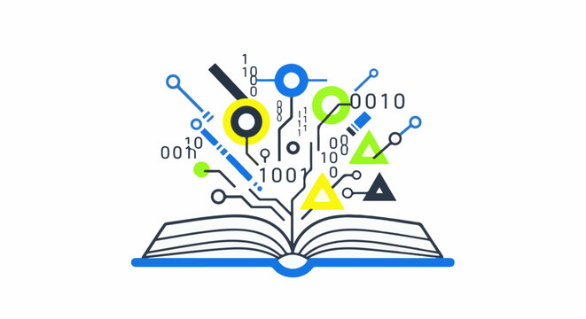 Open book with abstract digital elements and binary code