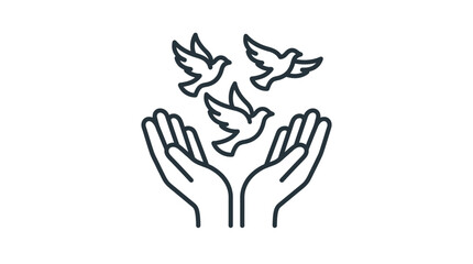 Obraz premium Open hands with three birds flying upwards line art.