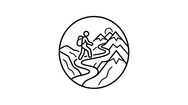 Circular line art icon of hiker on mountain trail.