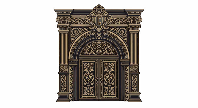 Ornate, antique entryway with double doors and decorative detailing