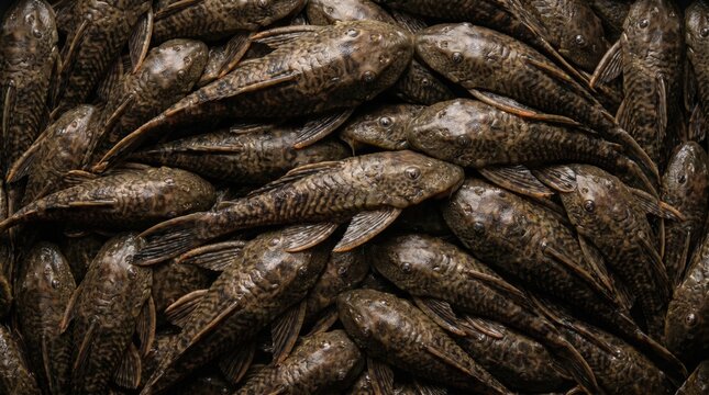 Group of plecostomus catfish clustered together creating a dense textured pattern of brown mottled scales and fins in a natural freshwater aquatic environment