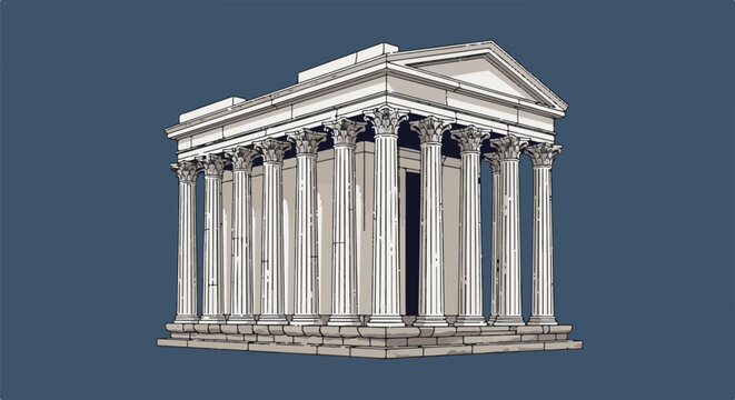 Ornate classical temple with Corinthian columns against blue