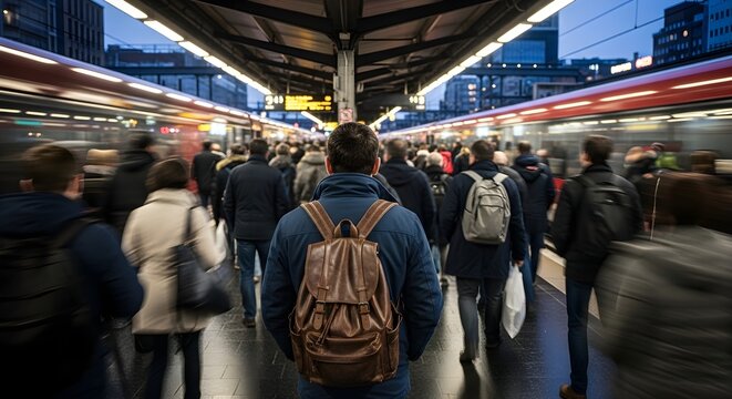 Rear view of a man with a backpack standing on a busy train platform at dusk, surrounded by blurred commuters and moving trains in an urban transportation hub