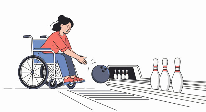 Person in wheelchair bowling pins and ball