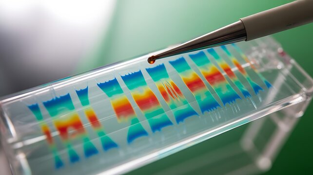 A close-up photograph of a hand holding a pipette over a DNA microarray chip.